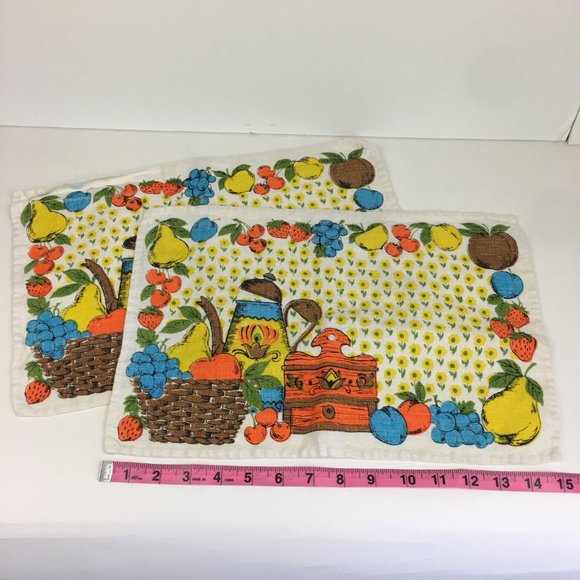 2 Vtg Retro Linen Cloth Fabric Rectangle Placemat Coffee Tea Fruit Flowers Theme - Picture 1 of 11